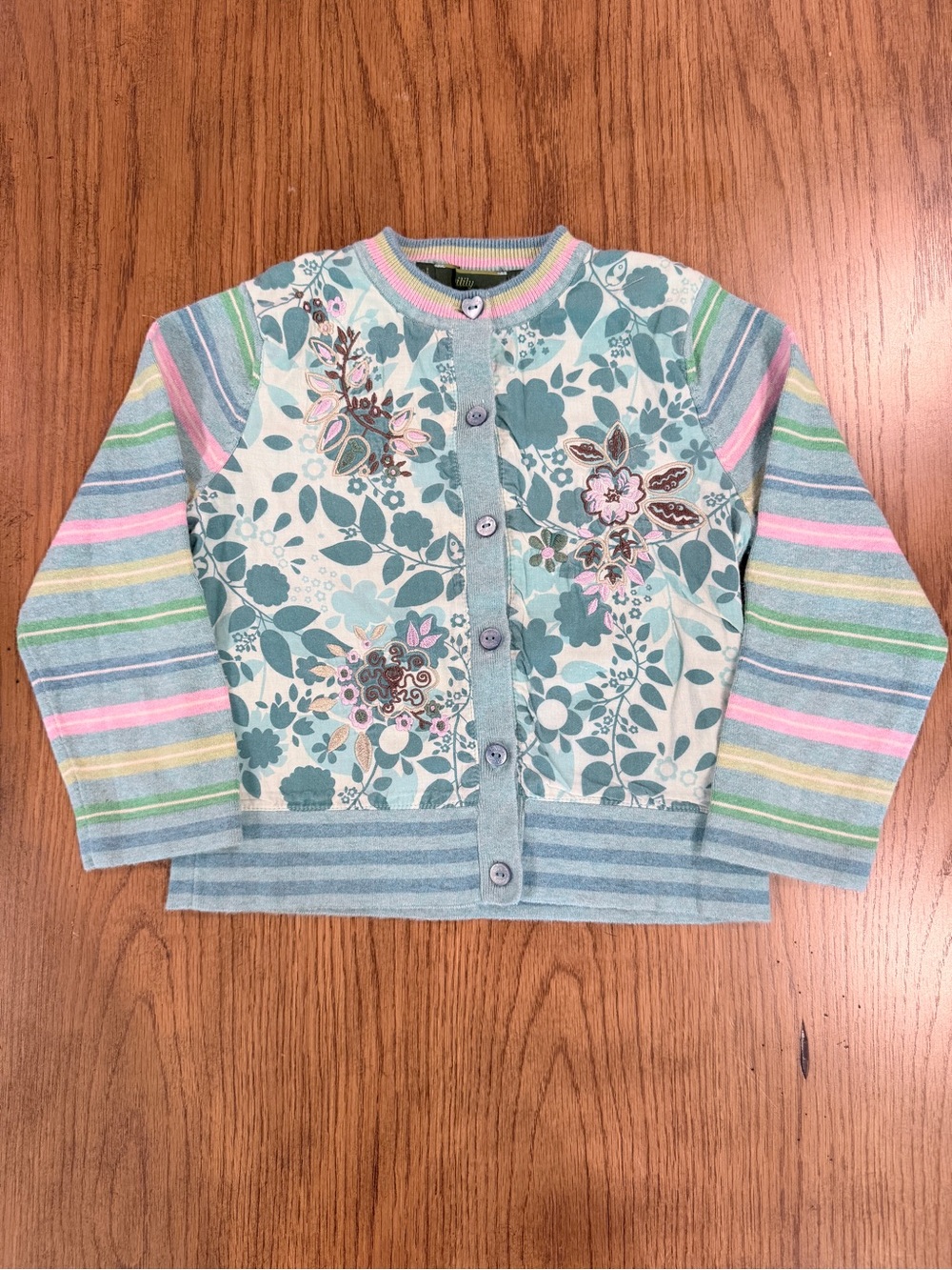Oilily Floral Knit Cardigan in Teal & Pastel Stripes